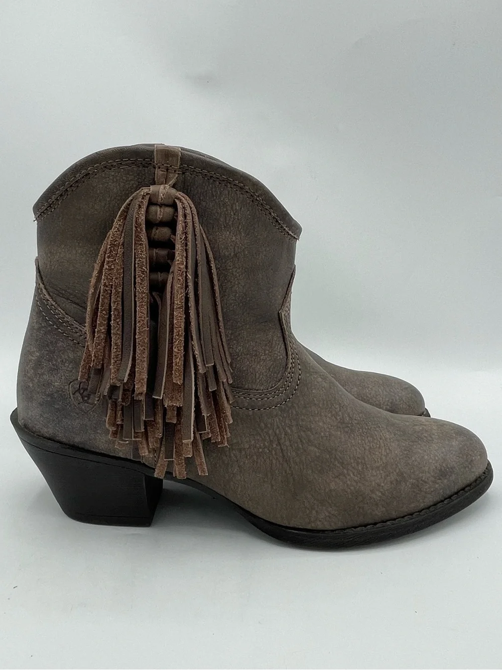 Ariat Duchess Taupe Fringe Western Leather Ankle Boots.